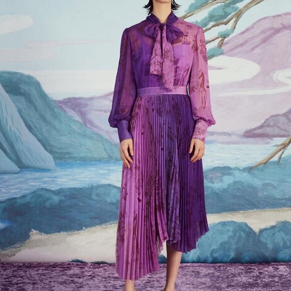 Mukzin Purple Pleated Asymmetrical Dress with Bow Tie Neck - NWT - Picture 3 of 7